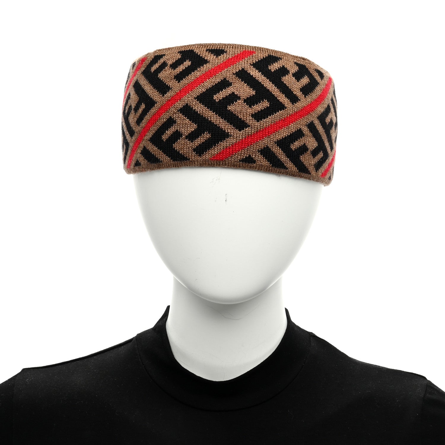 Fendi Wool Knitted FF Logo Headband Mud Black Red 2 of 4