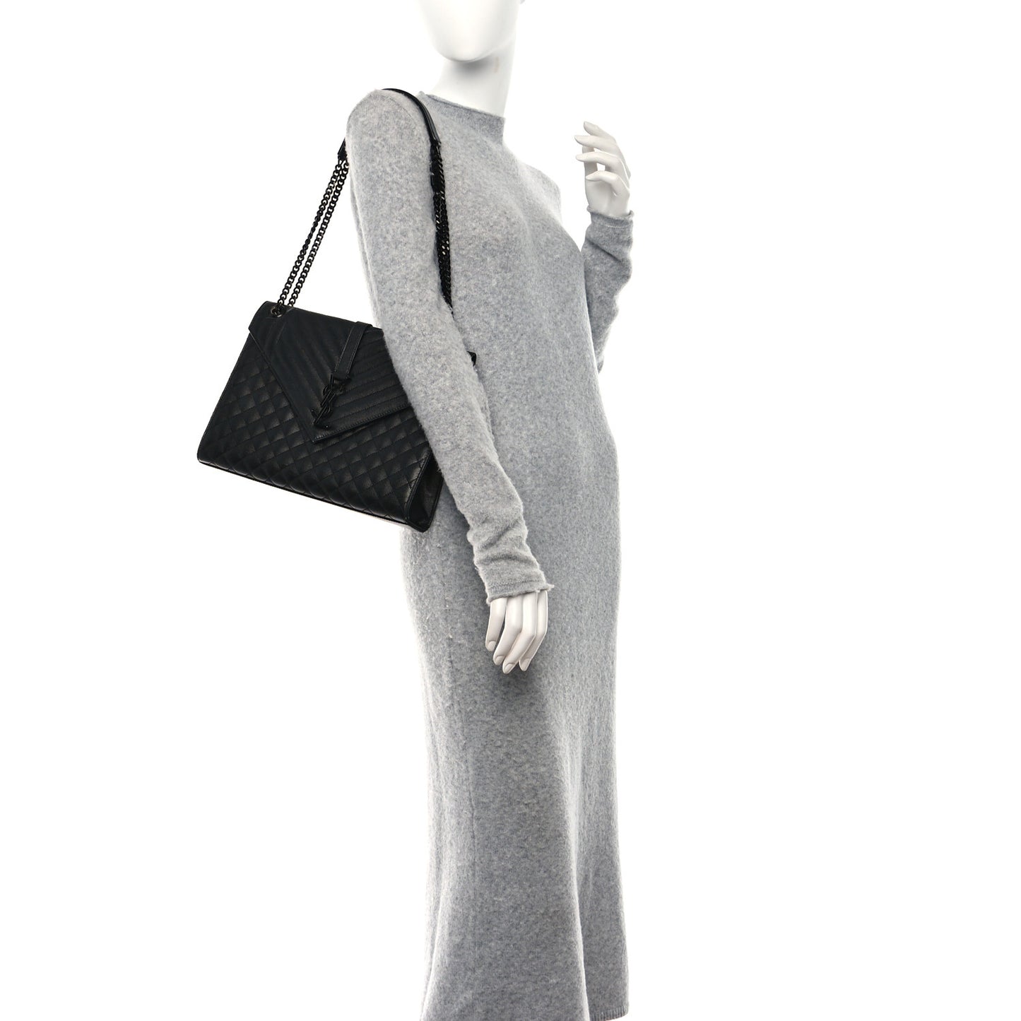 Grain De Poudre Textured Mixed Matelasse Large Triquilt Monogram Monochrome Satchel Black