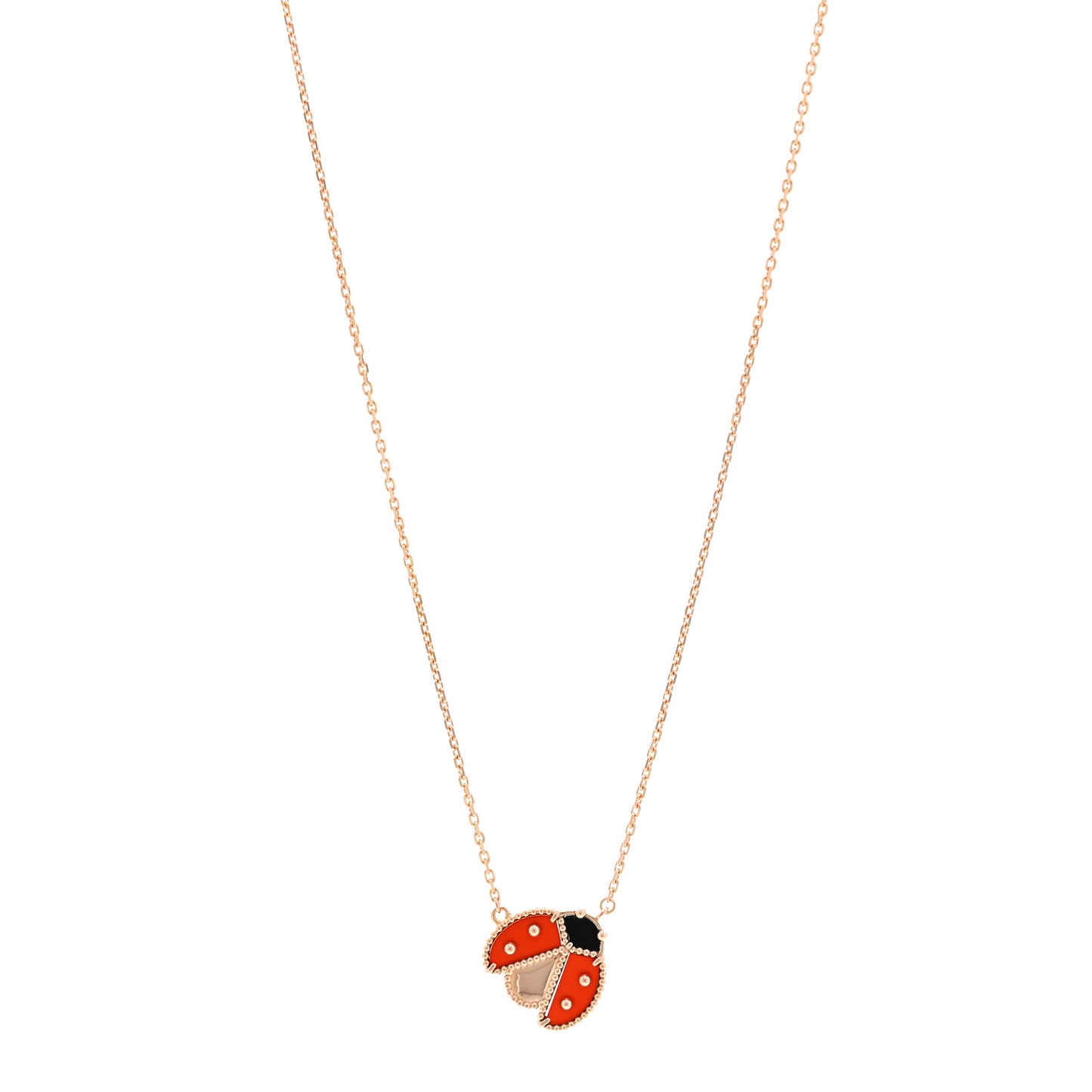 18K Rose Gold Carnelian Black Onyx Lucky Spring Open Wings Lady Bug Pendant Necklace