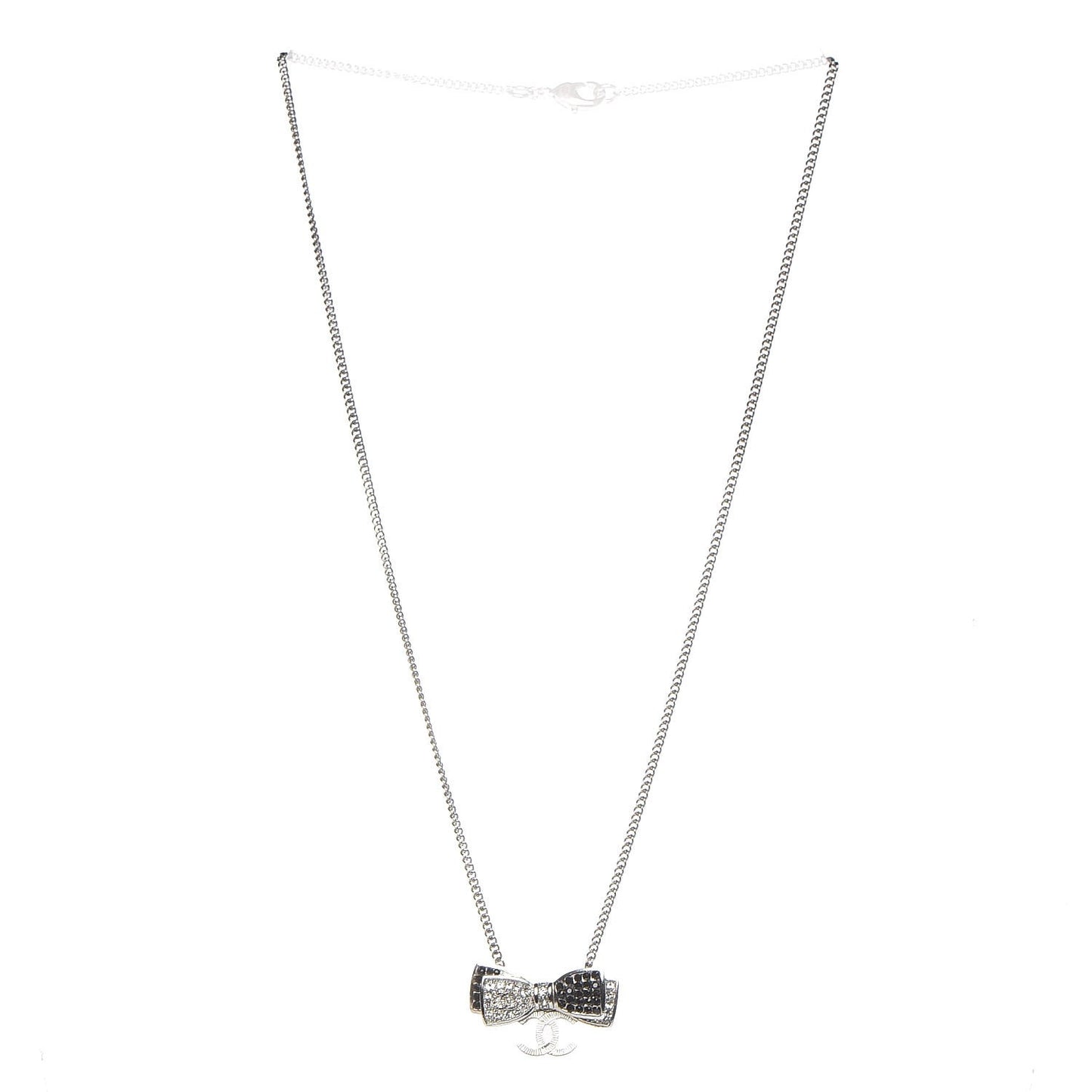Crystal CC Bow Necklace Silver Black