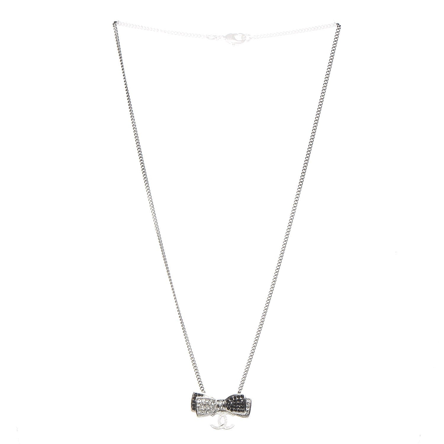Chanel Crystal CC Bow Necklace Silver Black 3 of 5