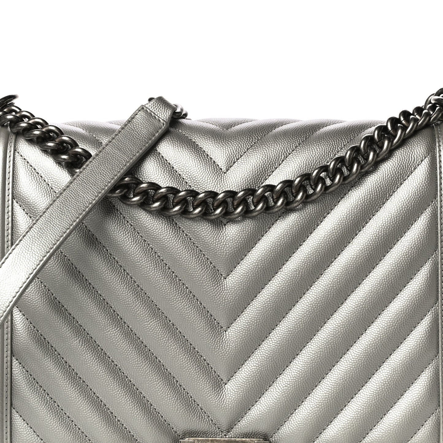 Metallic Caviar Chevron Quilted Large Boy Flap Silver