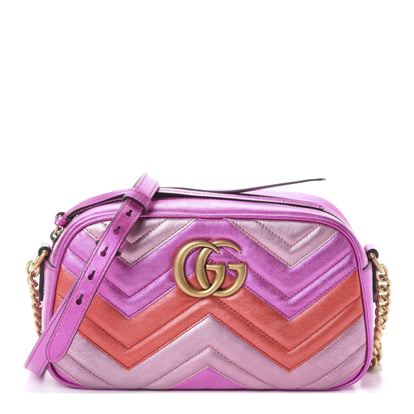 Laminated Nappa Matelasse Small GG Marmont Chain Shoulder Bag Fuxia Rosso Rosa