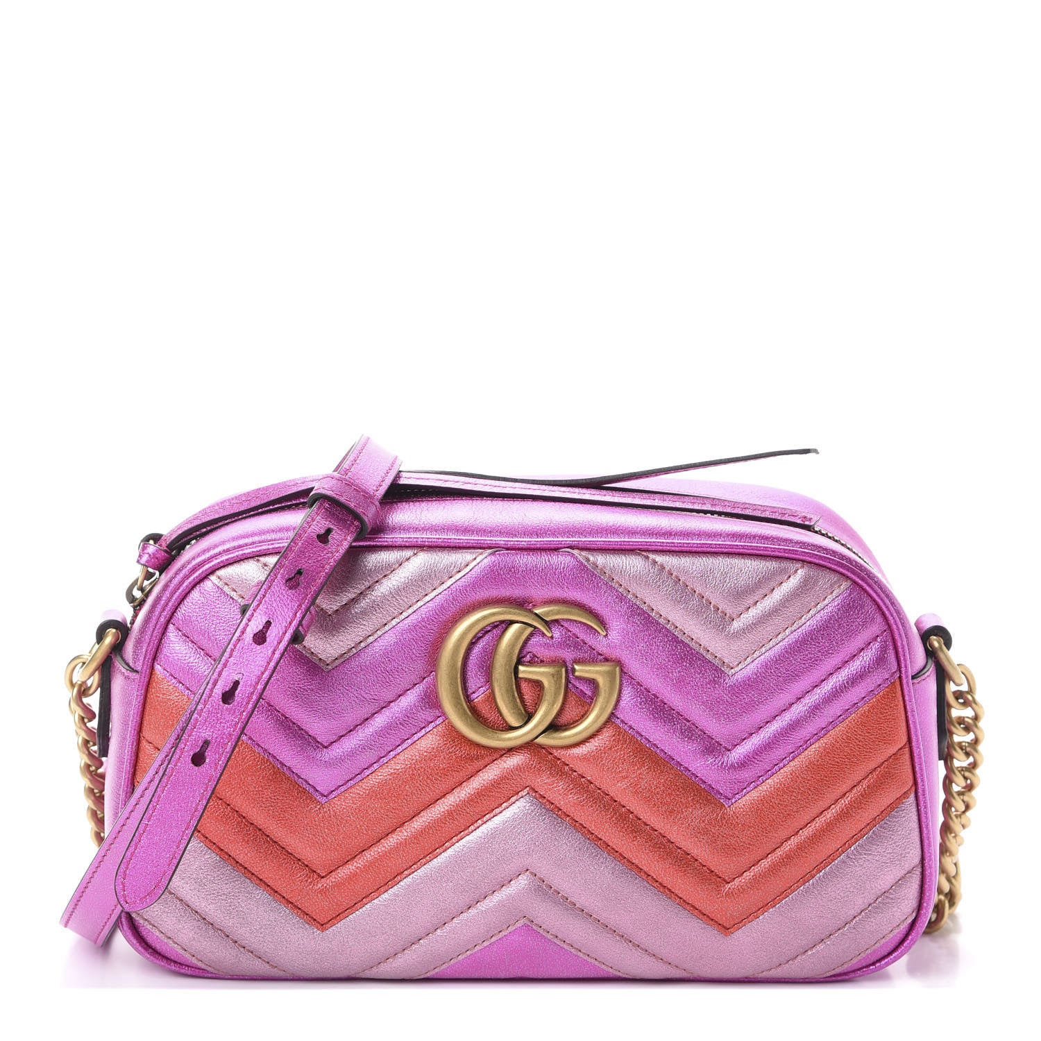 Gucci Laminated Nappa Matelasse Small GG Marmont Chain Shoulder Bag Fuxia Rosso Rosa 1 of 9
