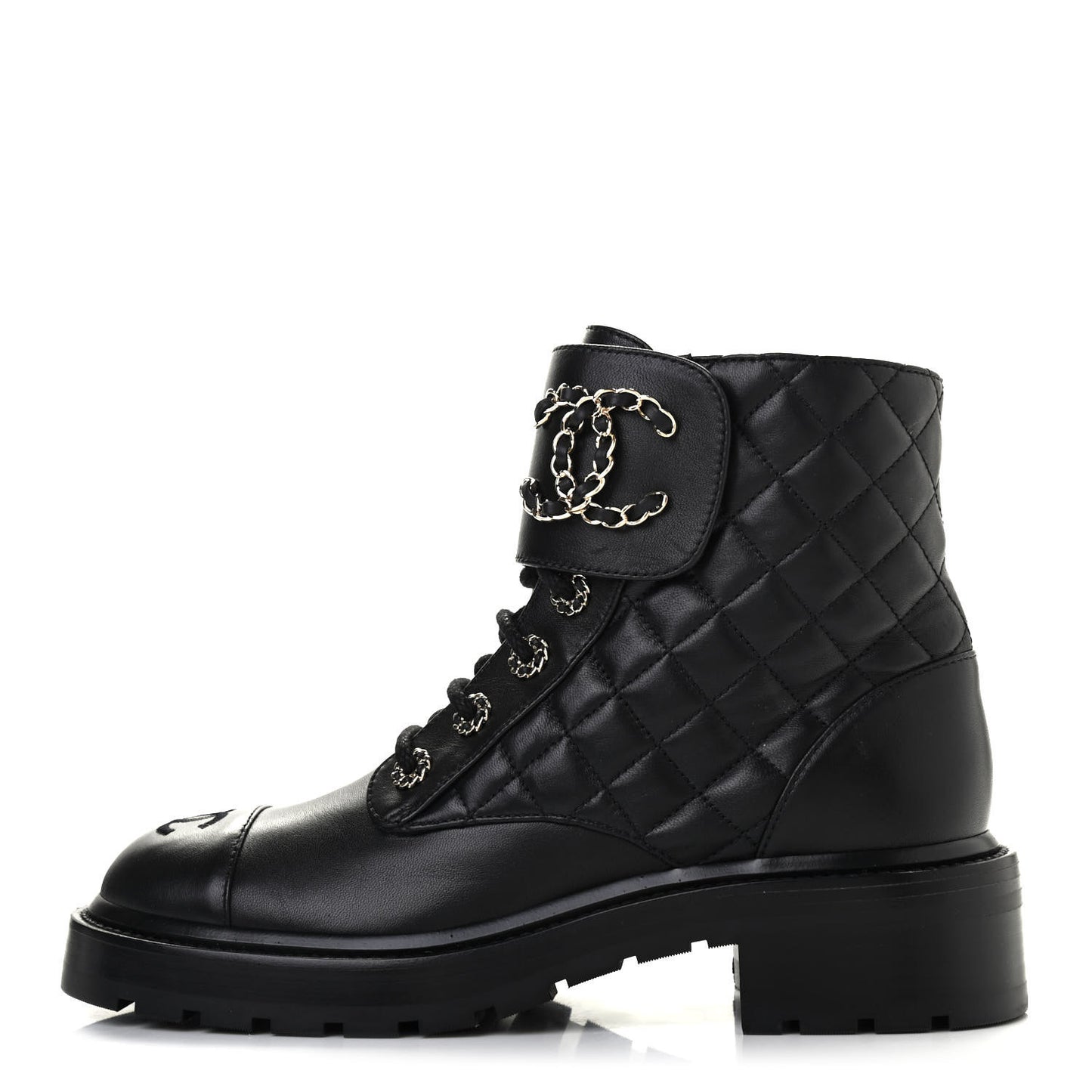 Shiny Lambskin Quilted Lace Up Combat Boots 38 Black