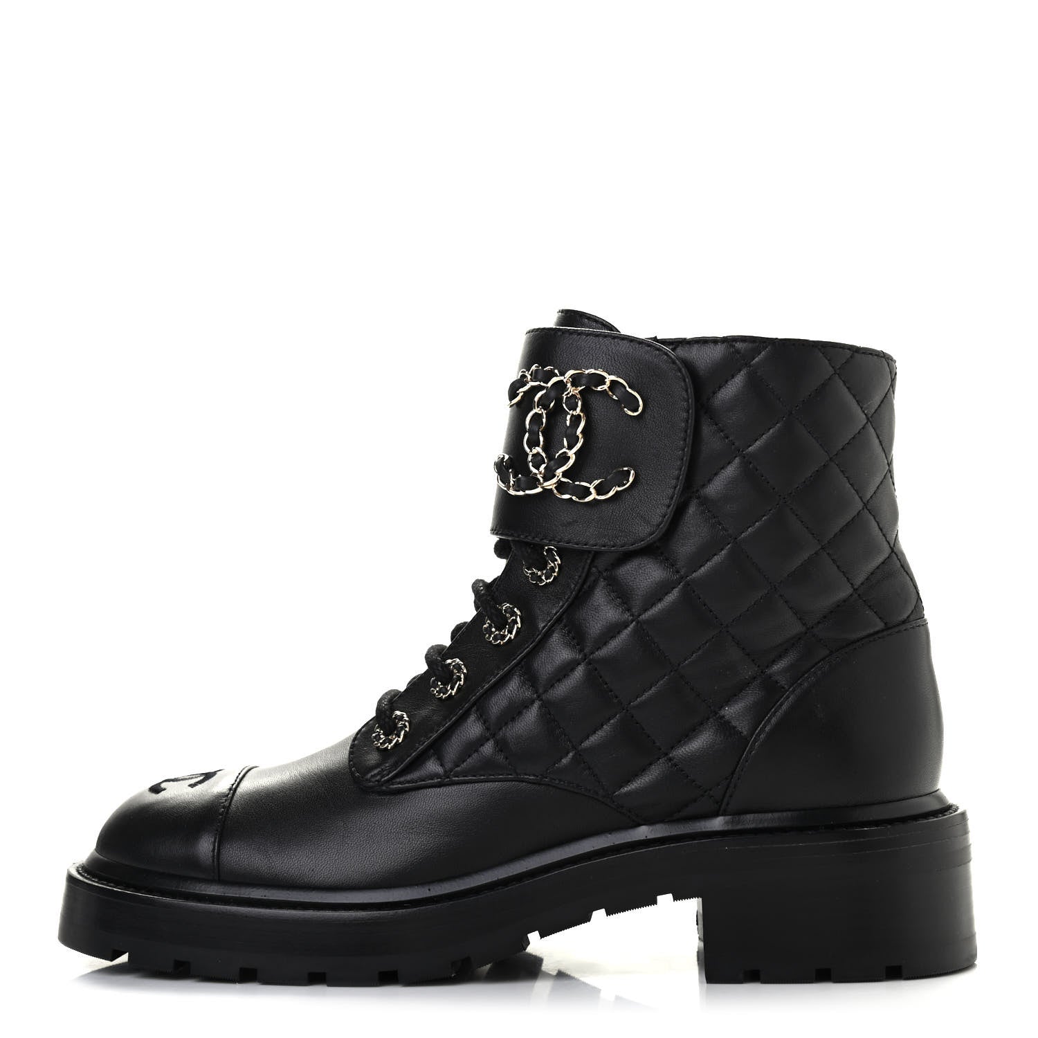 Chanel Shiny Lambskin Quilted Lace Up Combat Boots 38 Black 1 of 8