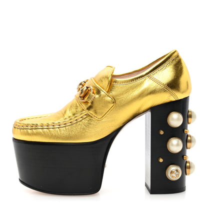Gucci Malaga Kid Pearl Studded Vegas Platform Loafers 35 Black Gold 1 of 7
