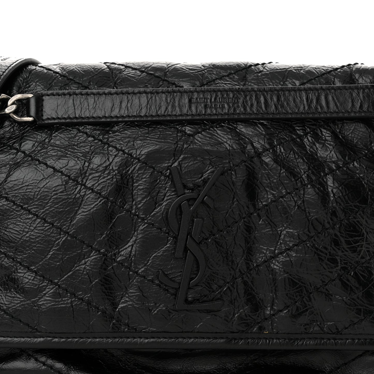 Crinkled Calfskin Matelasse Monogram Medium Niki Chain Satchel Black