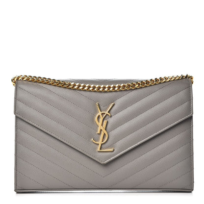Saint Laurent Grain De Poudre Matelasse Chevron Monogram Chain Wallet Oyster Grey 1 of 12