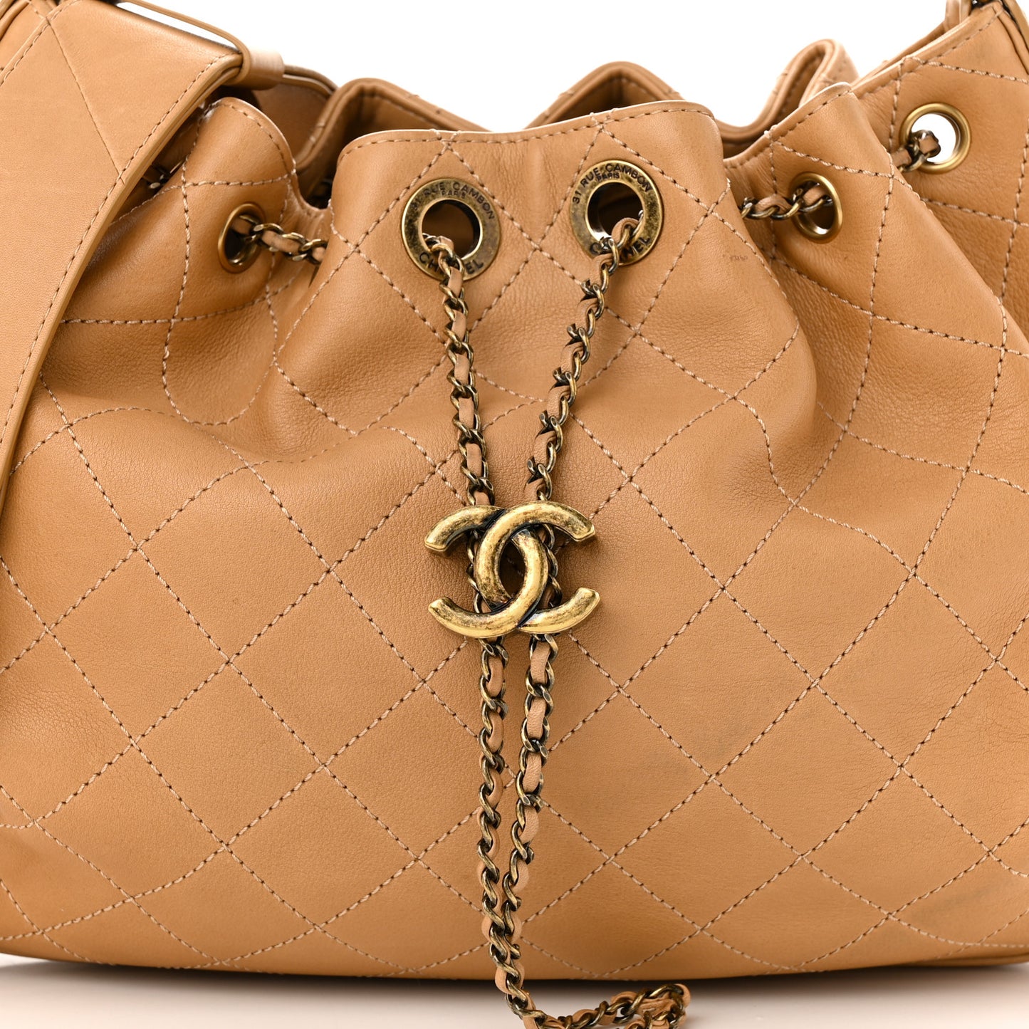 Calfskin Stitched Large Paris Rome Drawstring CC Bag Beige