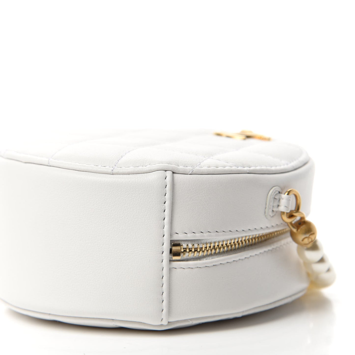 Calfskin Quilted About Pearls Round Clutch With Chain White