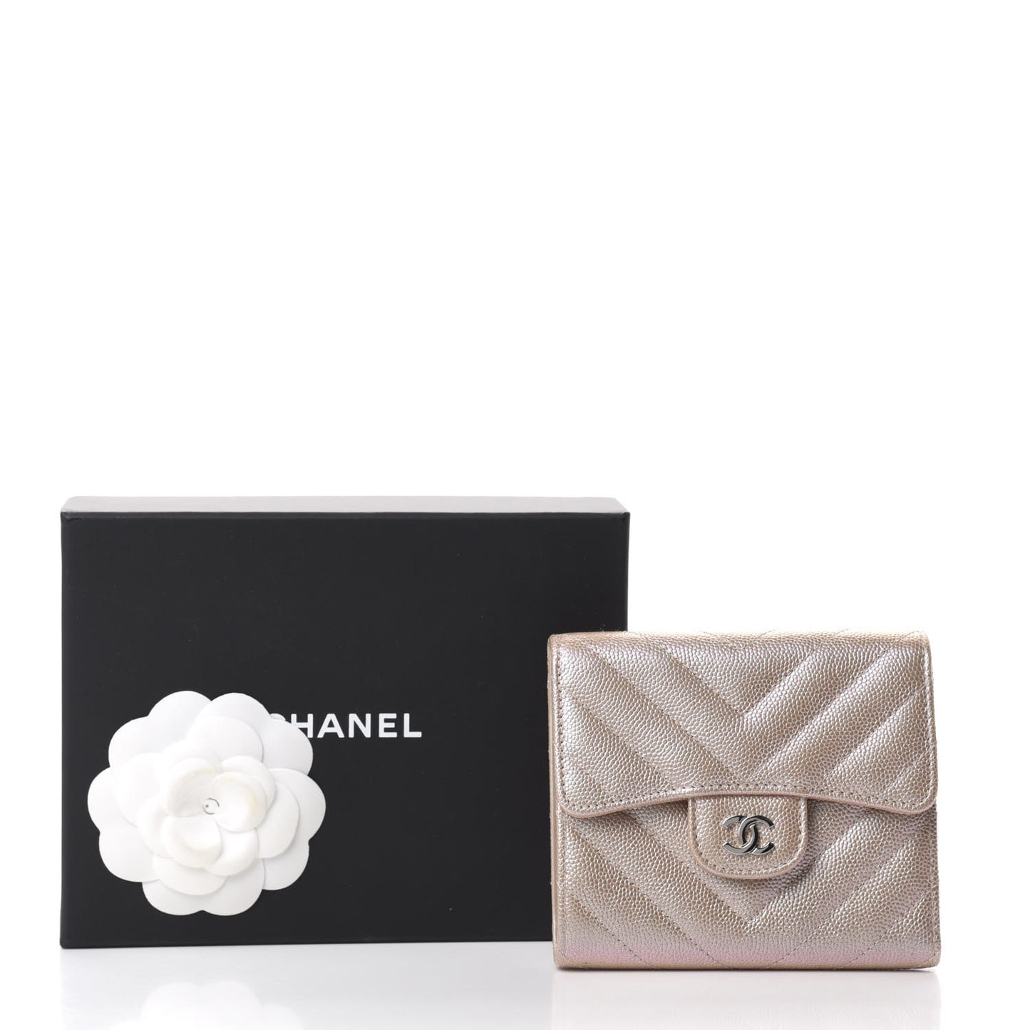 Metallic Caviar Chevron Quilted Compact Flap Wallet Light Gold