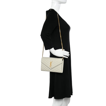 Saint Laurent Grain De Poudre Matelasse Chevron Monogram Chain Wallet Crema Soft 2 of 10