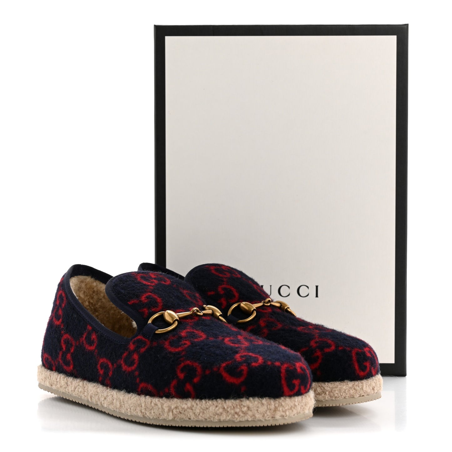 Covered Wool GG Monogram Womens Fria Horsebit Loafers 37.5 Blue Red Butterscotch