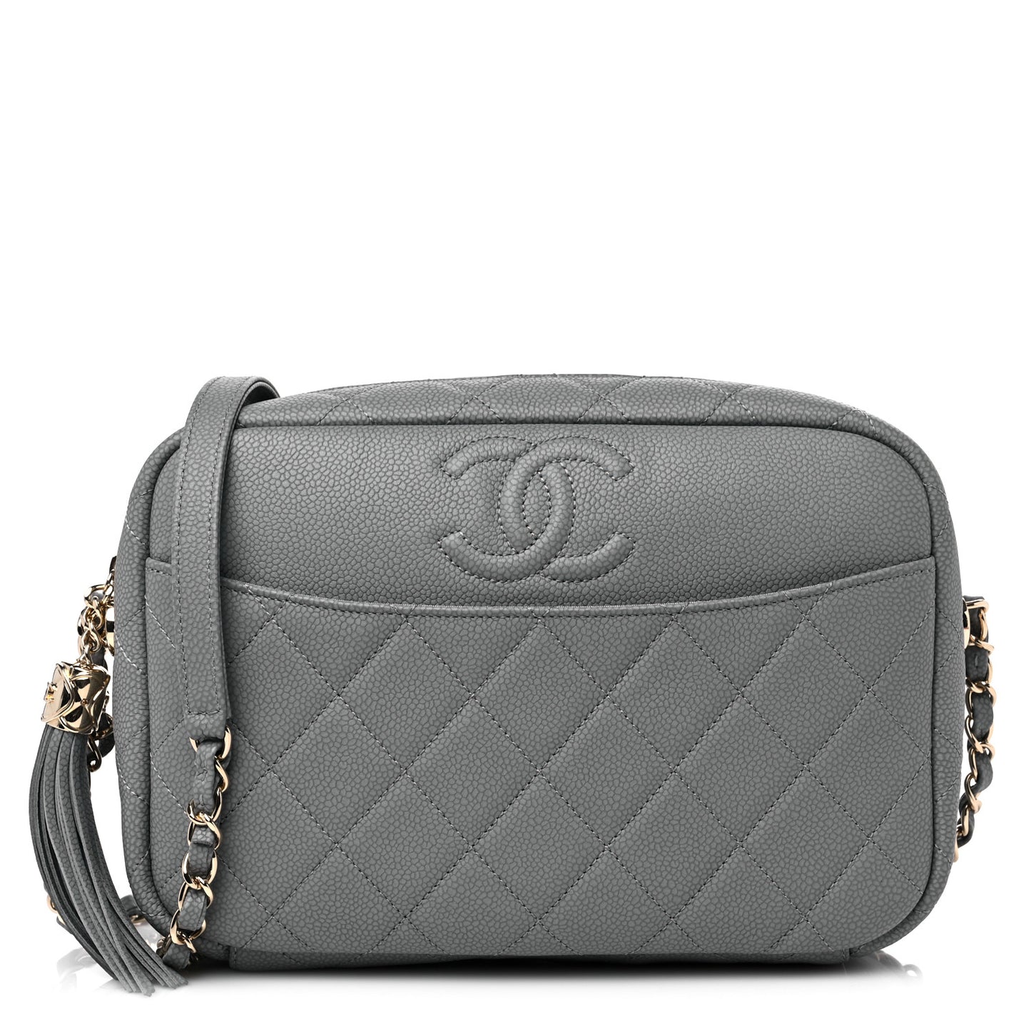 Iridescent Caviar Flat Quilted Small Coco Tassel Camera Case Grey