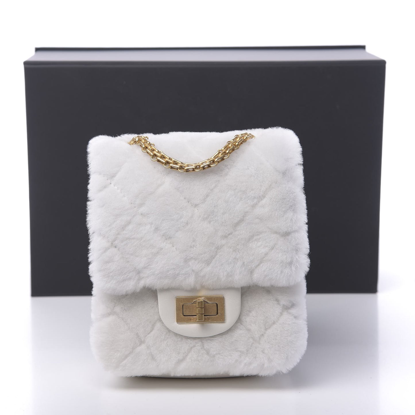 Shearling Lambskin Aged Calfskin Quilted 2.55 Reissue Mini North South Flap White
