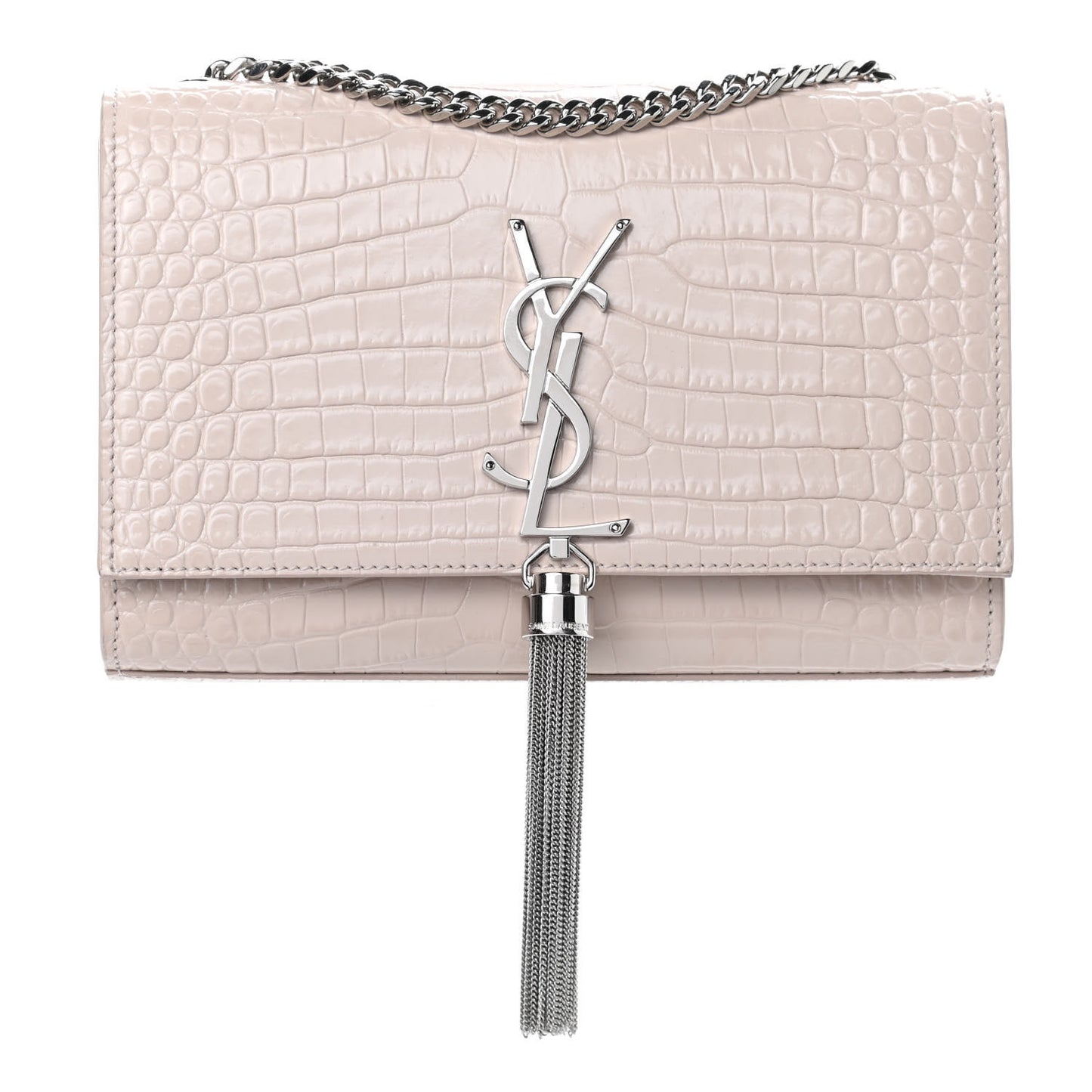 Calfskin Crocodile Embossed Small Classic Monogram Kate Tassel Satchel Washed Light Pink