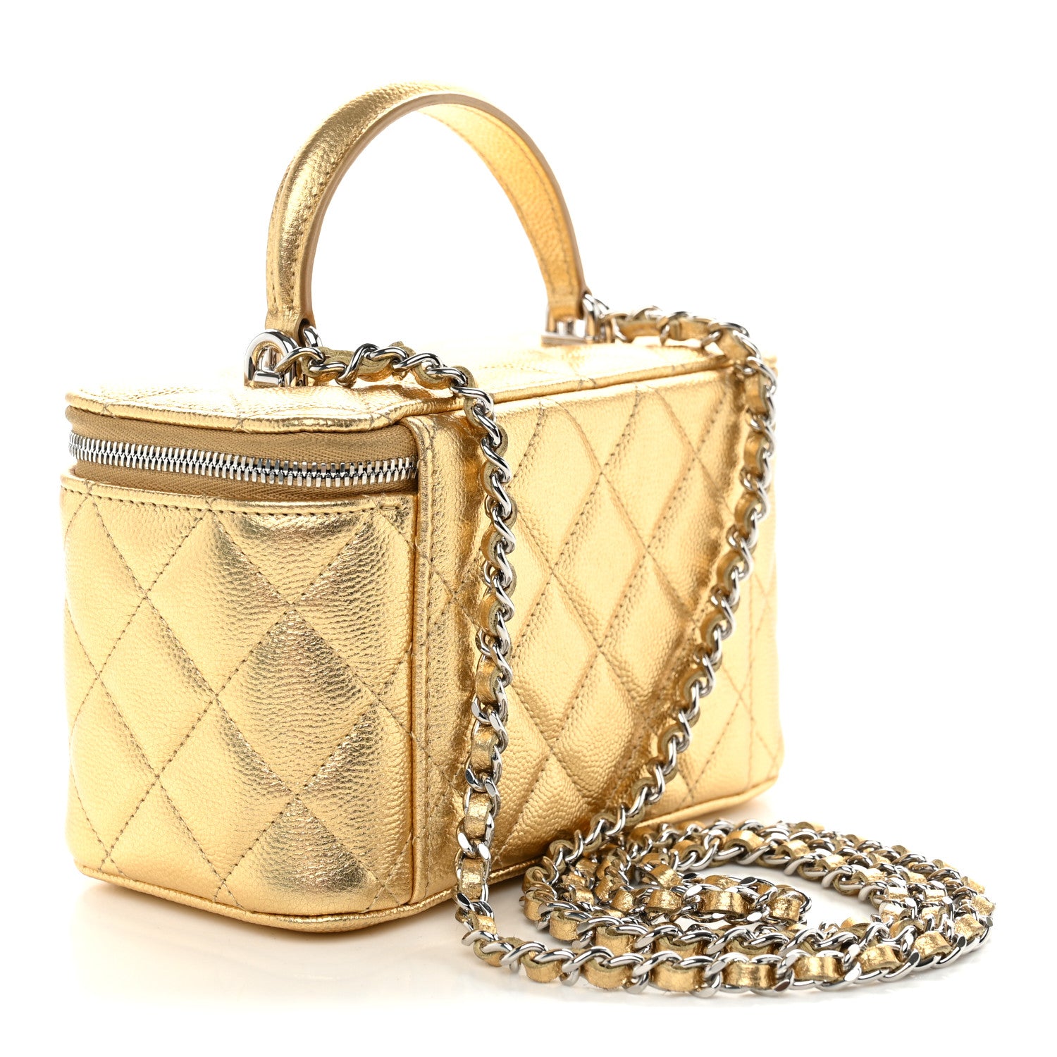 Chanel Metallic Caviar Quilted Top Handle Slim Vanity Case With Chain Gold 2 of 10