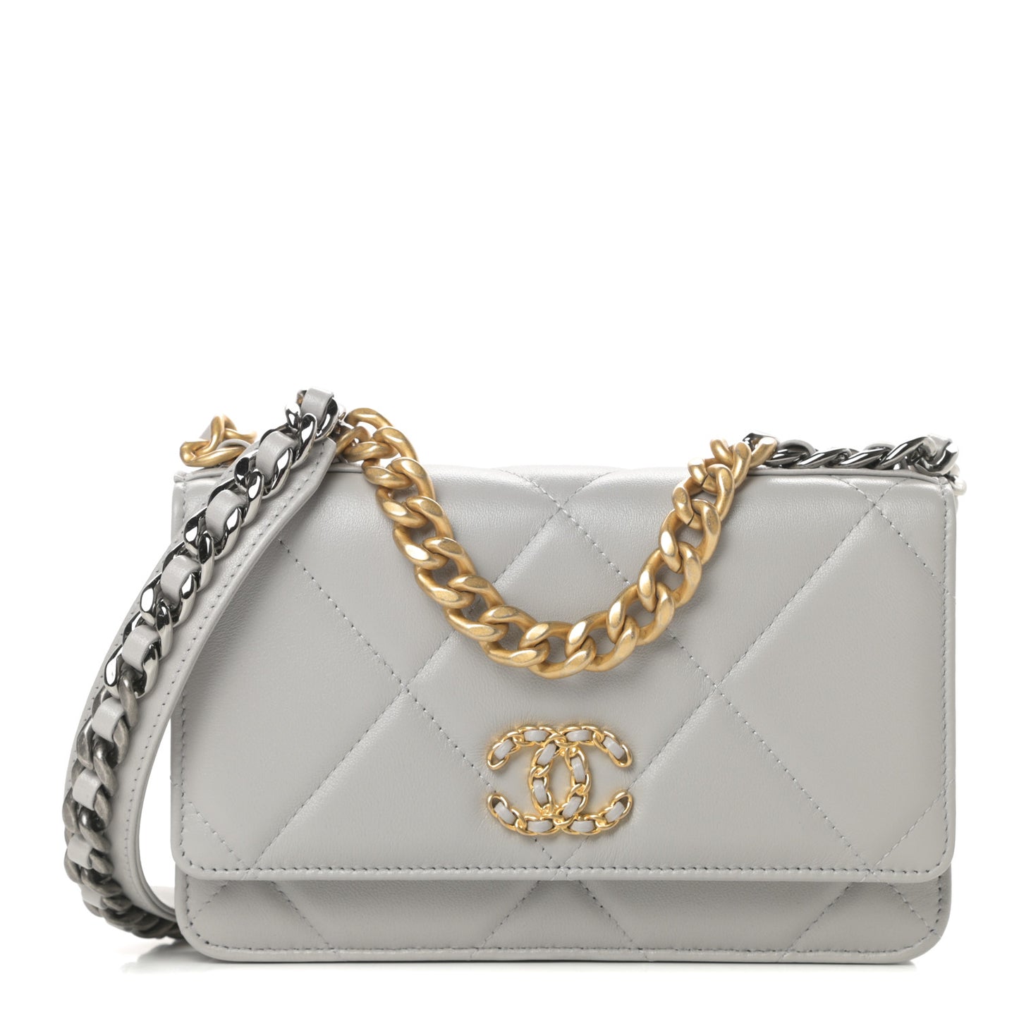 Lambskin Quilted Chanel 19 Wallet On Chain WOC Grey