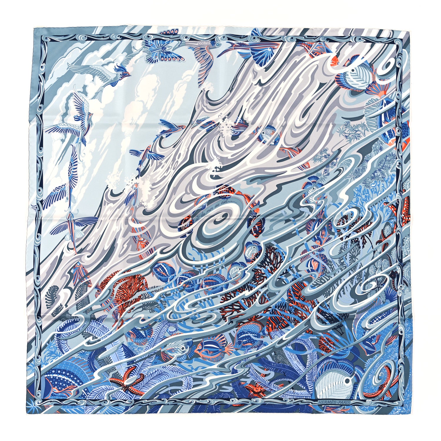 Hermes Silk De la Mer Au Ciel Scarf 90 Blue Jean Ceil Corail 1 of 3