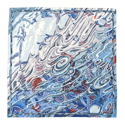 Hermes Silk De la Mer Au Ciel Scarf 90 Blue Jean Ceil Corail 1 of 3