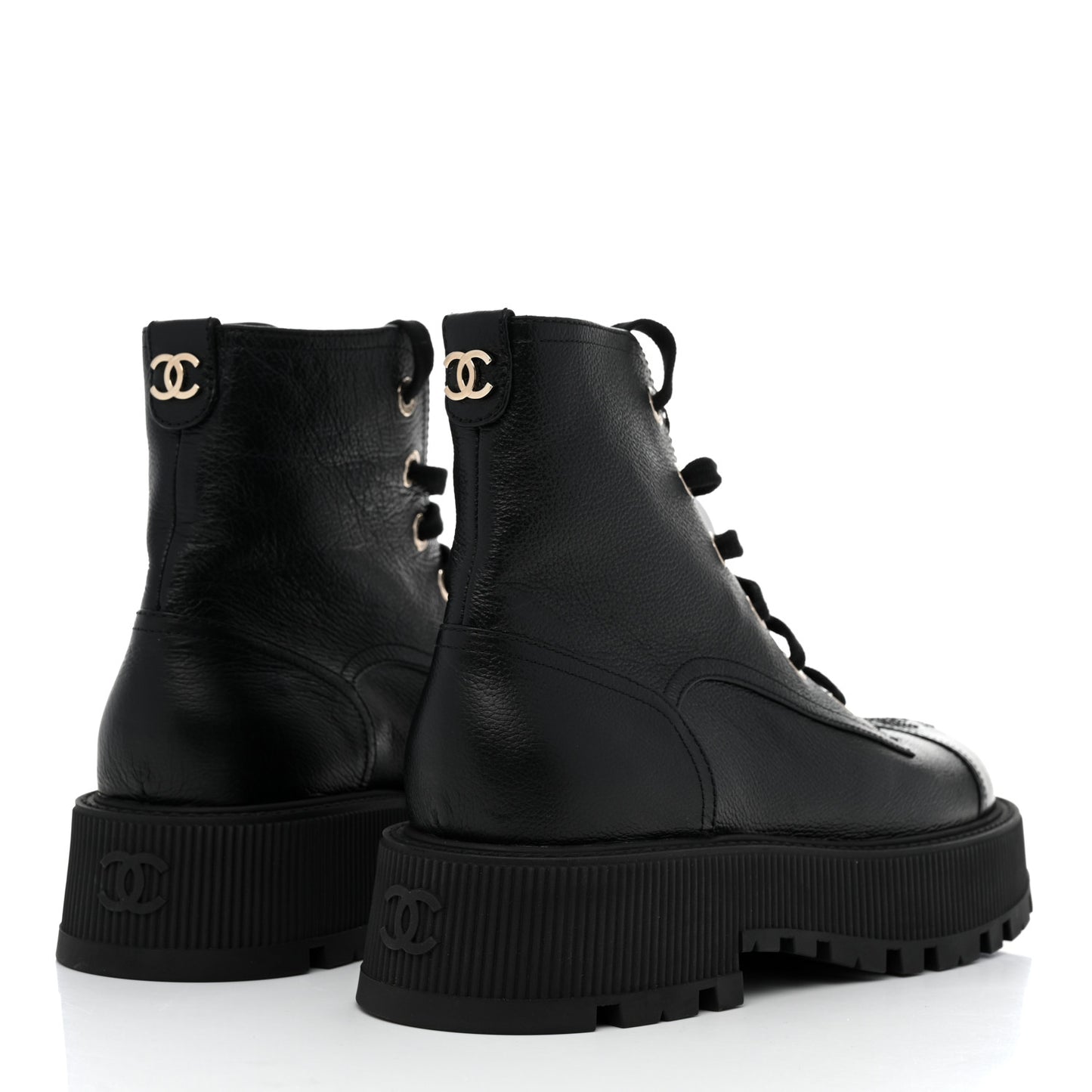 Calfskin CC Lace Up Combat Boots 39.5 Black
