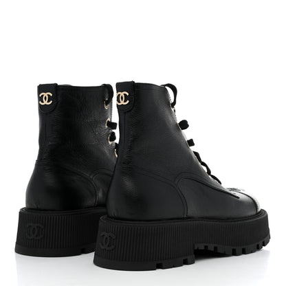 Chanel Calfskin CC Lace Up Combat Boots 39.5 Black 4 of 8