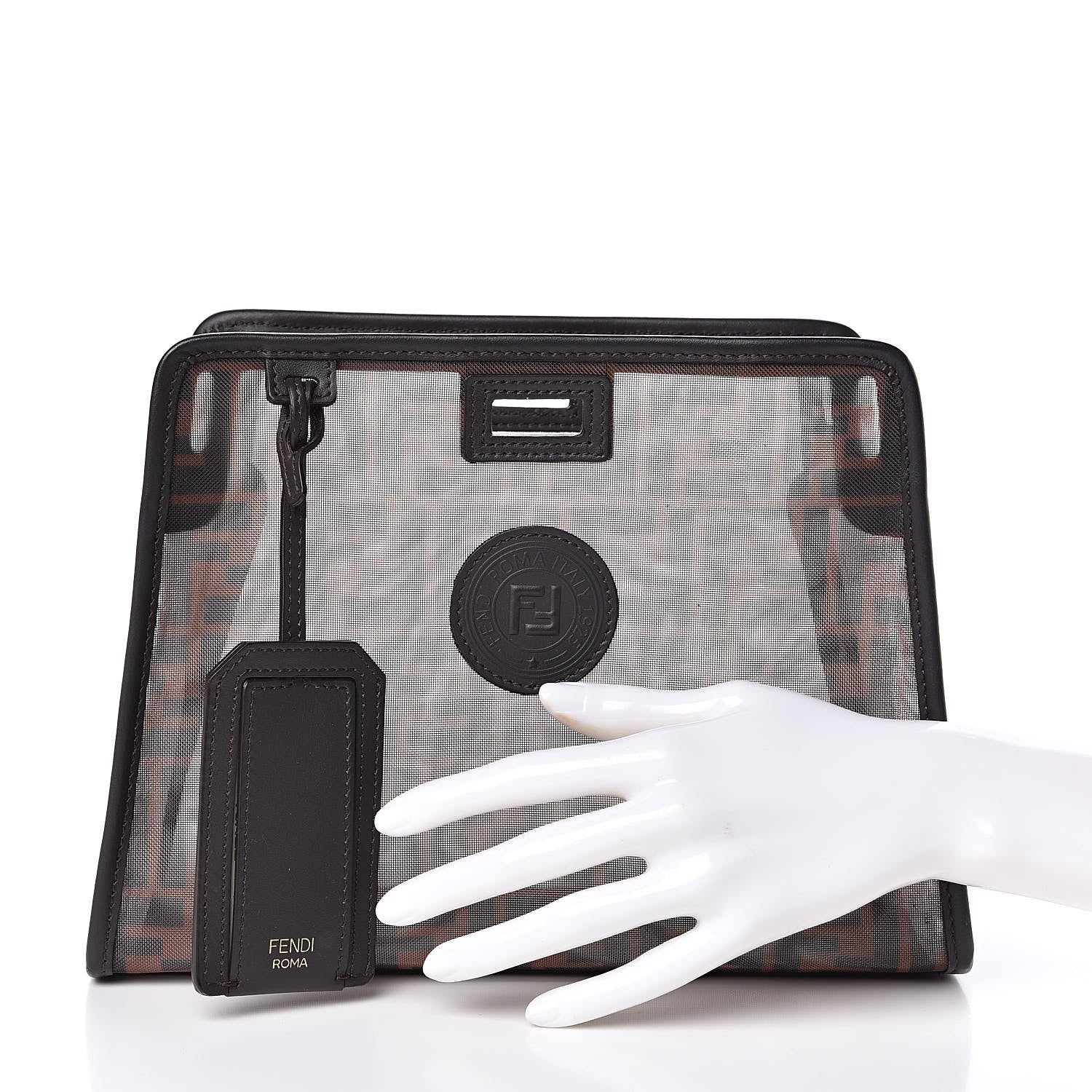 Fendi Mesh Vitello Century FF 1974 Mini Peekaboo Defender Cover Marrone Black Ebano 2 of 10