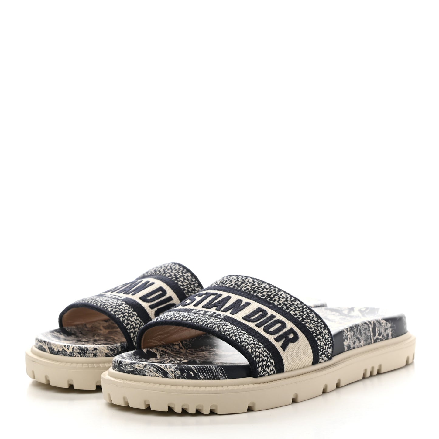 Canvas Toile de Jouy Embroidered Dway 10mm Slide Sandals 36.5 Deep Blue