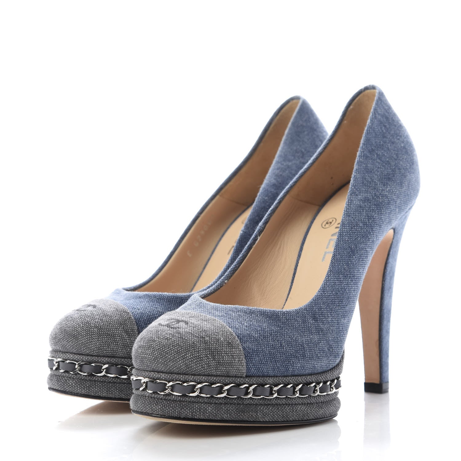 Chanel Denim Chain Around Cap Toe Platform Pumps 38 Blue Gris Fonce 3 of 11