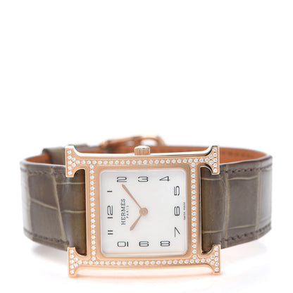 Hermes 18K Rose Gold Alligator Diamond Bezel Mother of Pearl 26mm Heure H Hour Quartz Watch Gris Elephant 2 of 5