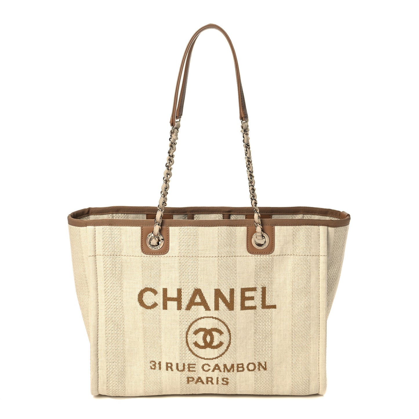Mixed Fibers Calfskin Striped Small Deauville Tote Beige
