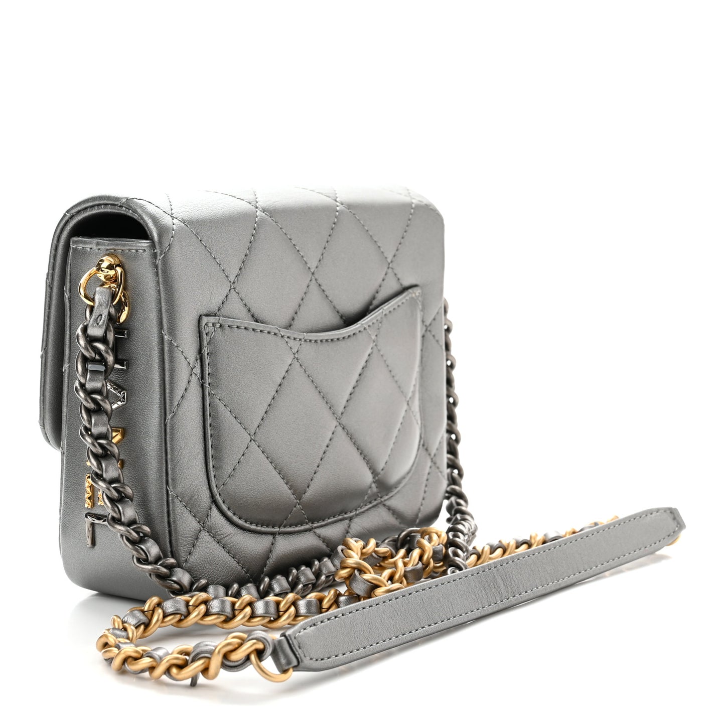 Metallic Lambskin Quilted Mini Side Note Flap Grey