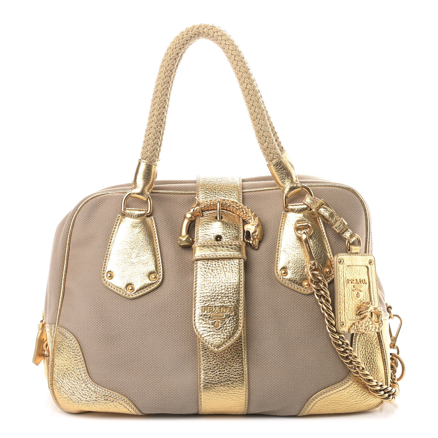 Prada Metallic Vitello Daino Canapa Bowler Platino Corda 1 of 9
