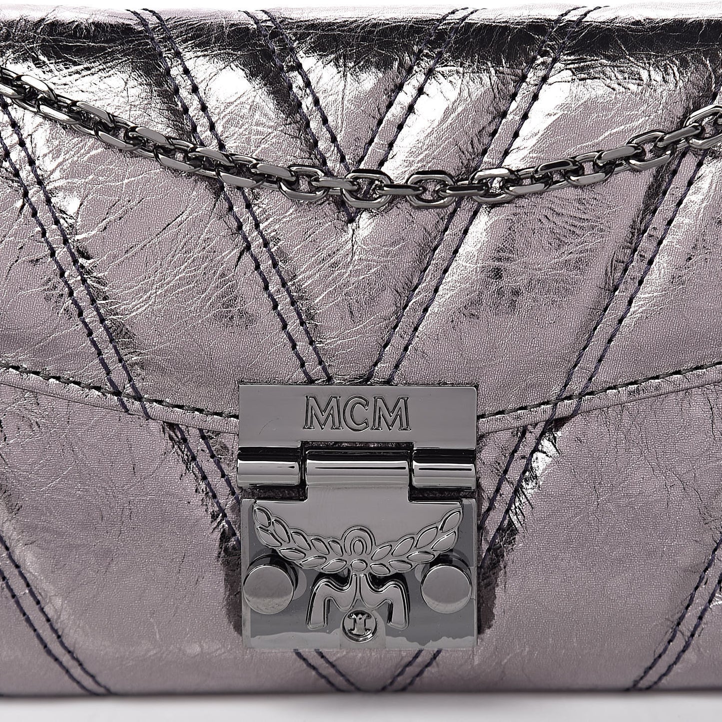 Metallic Calfskin Quilted Wallet On Chain Silver