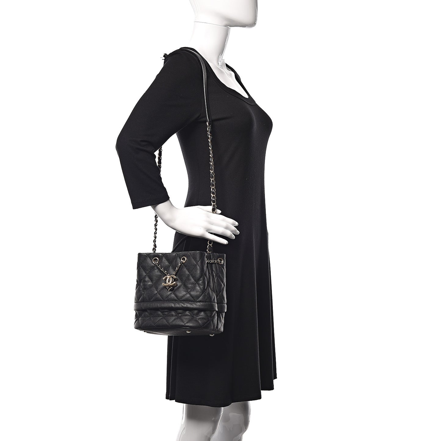 Caviar Quilted Rolled Up Bucket Drawstring Bag Black