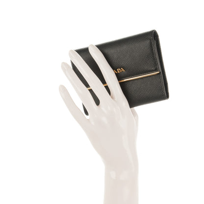 Prada Saffiano Compact Metal Bar Flap Wallet Nero Black 2 of 7