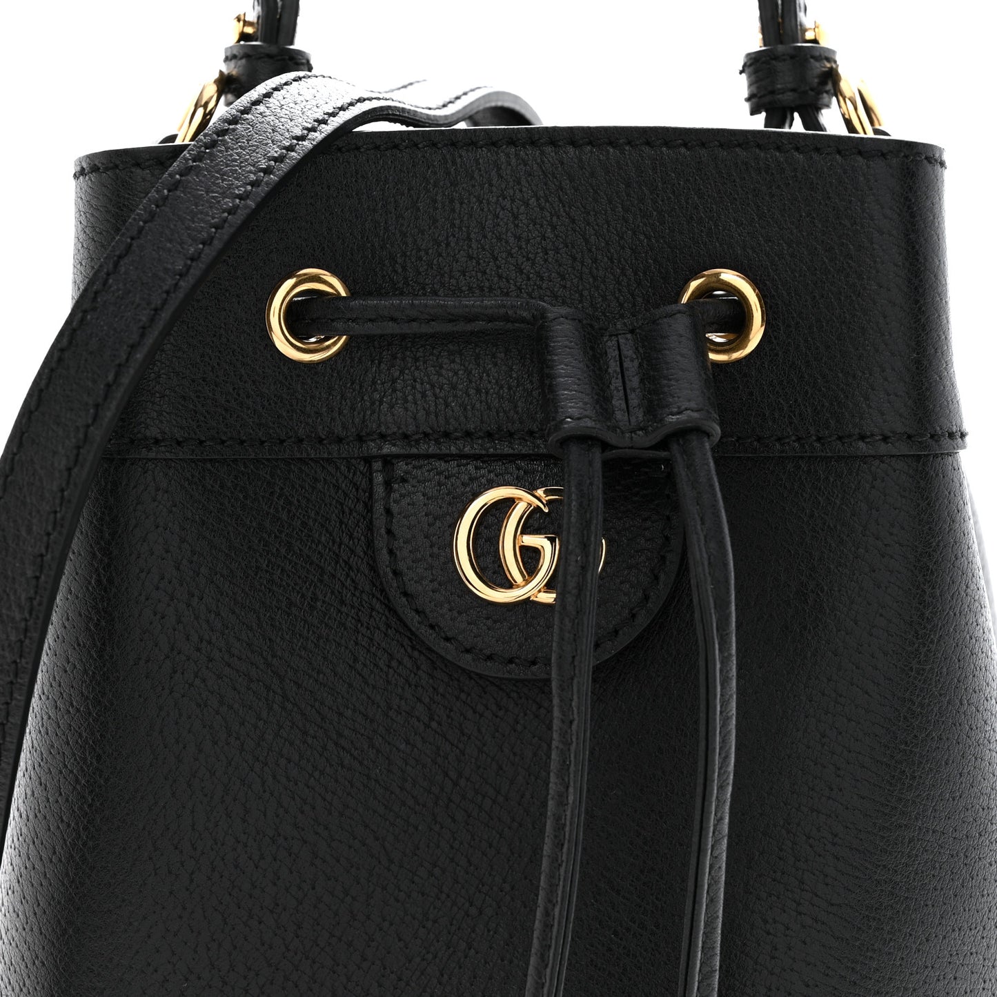 Glazed Textured Calfskin Web Small Ophidia Bucket Bag Black