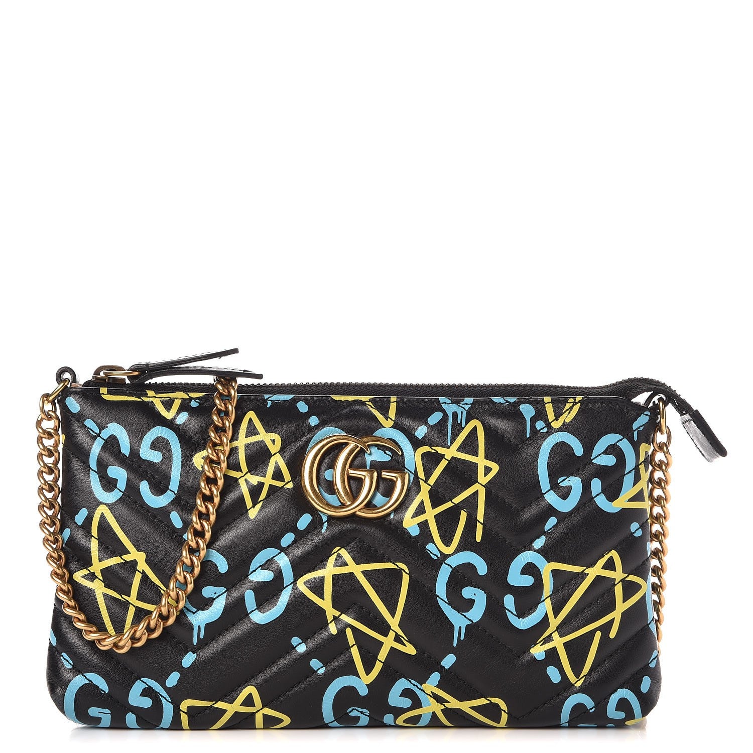 Gucci Calfskin Matelasse Printed Mini GucciGhost GG Marmont Chain Bag Black New Acquamarine 1 of 11