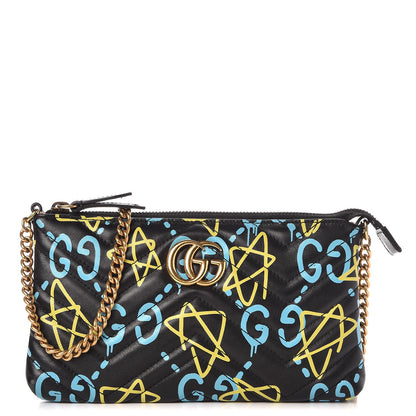 Gucci Calfskin Matelasse Printed Mini GucciGhost GG Marmont Chain Bag Black New Acquamarine 1 of 11