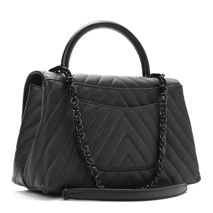 Chanel Caviar Chevron Quilted Small Coco Handle Flap So Black 3 of 9