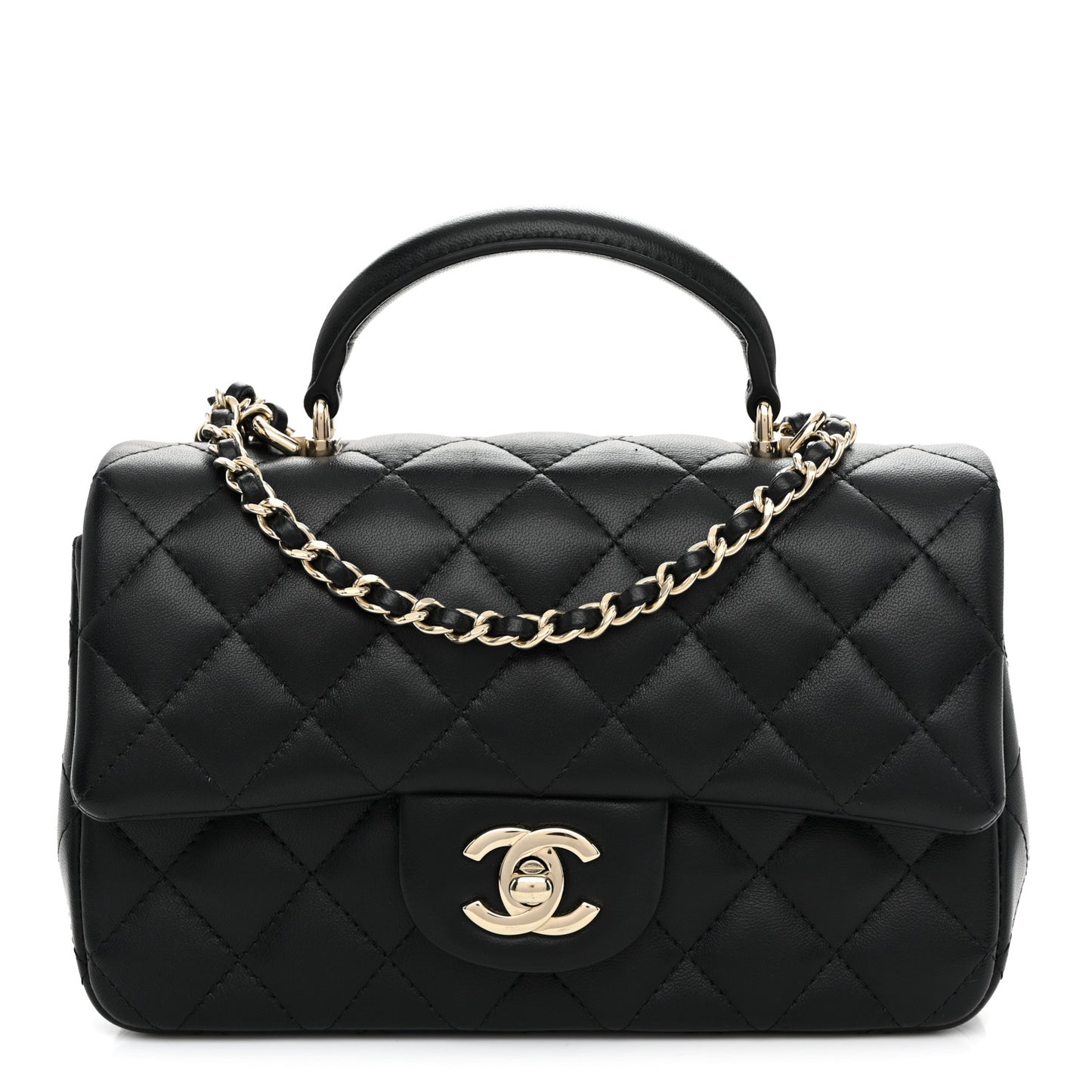 Lambskin Quilted Mini Top Handle Rectangular Flap Black
