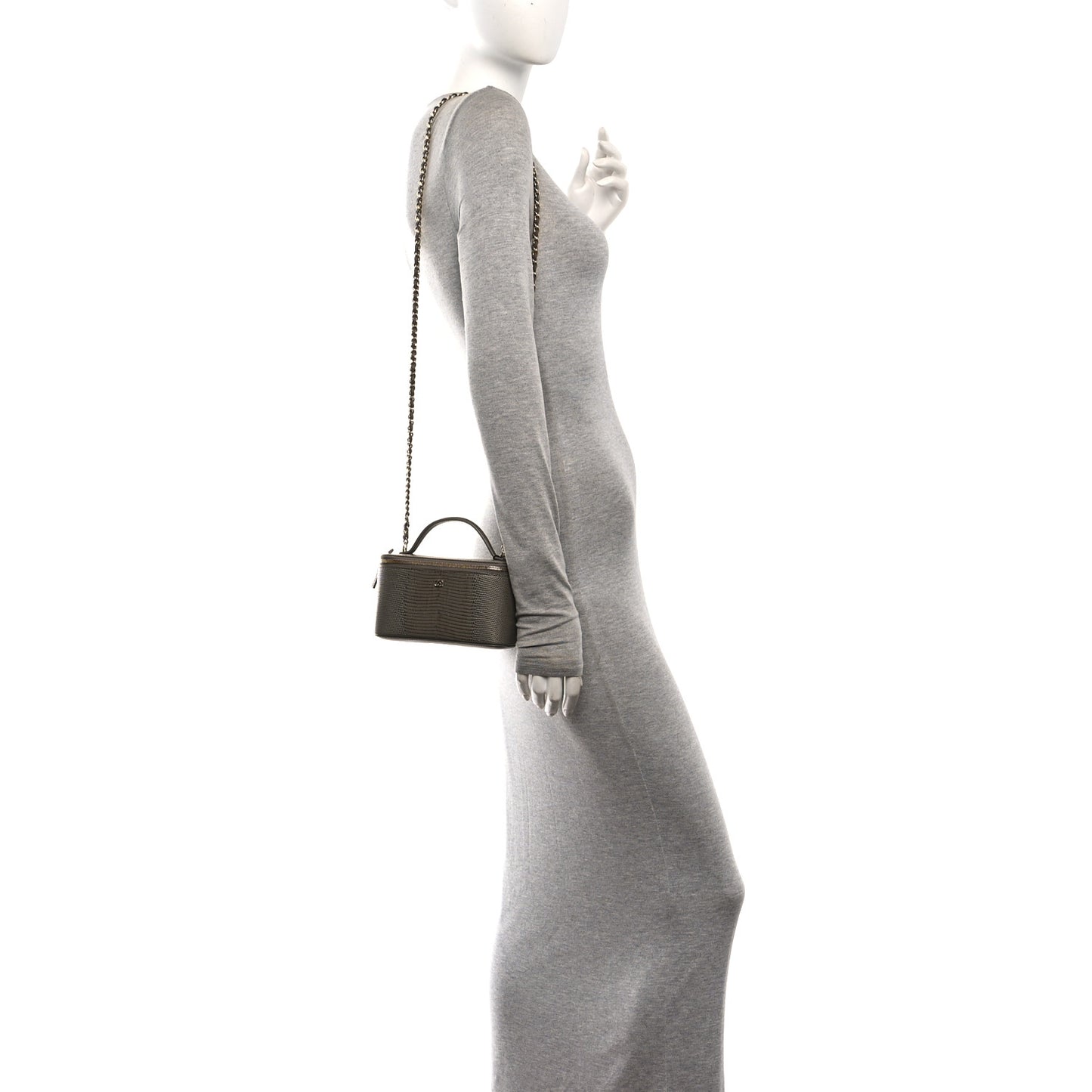 Calfskin Lizard Embossed Top Handle Vanity With Chain  Dark Khaki