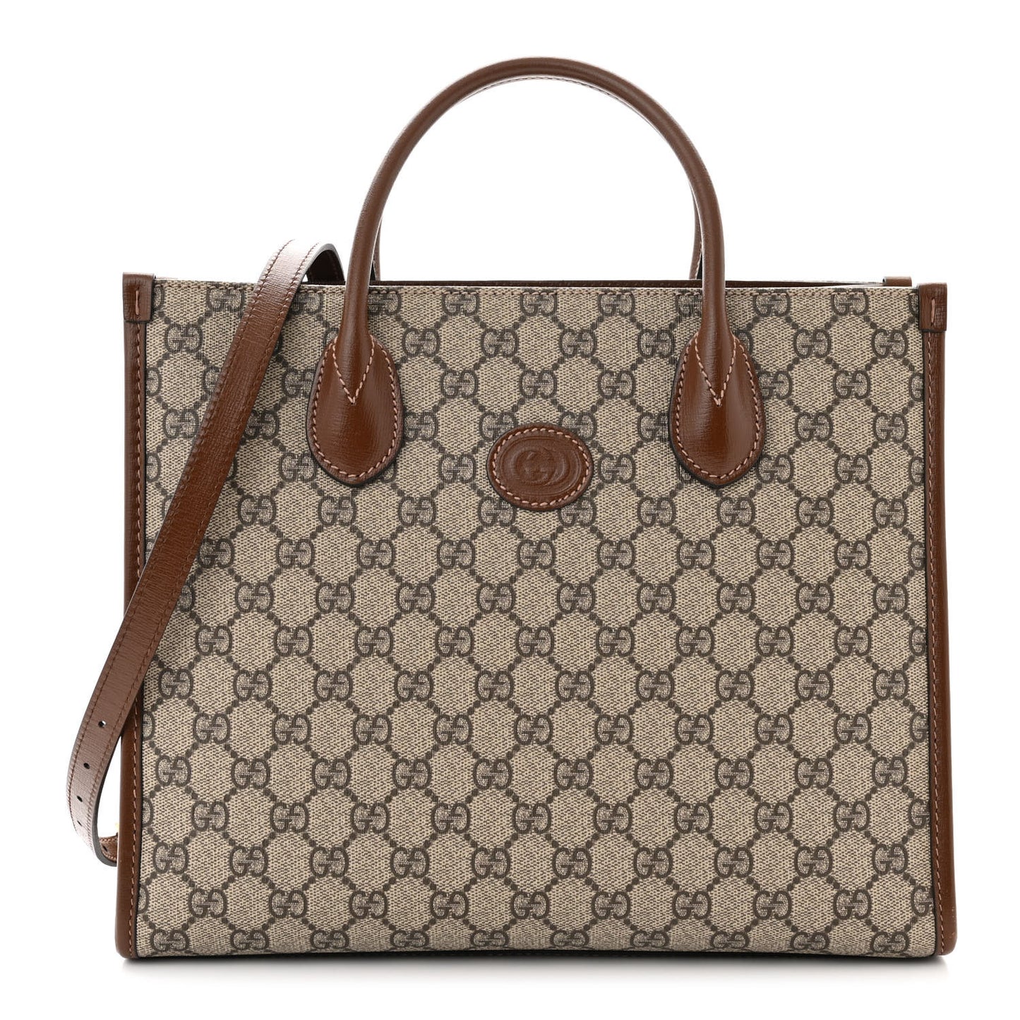 GG Supreme Monogram Azalea Calfskin Small Retro Interlocking G Tote Bag Beige Ebony Brown Sugar