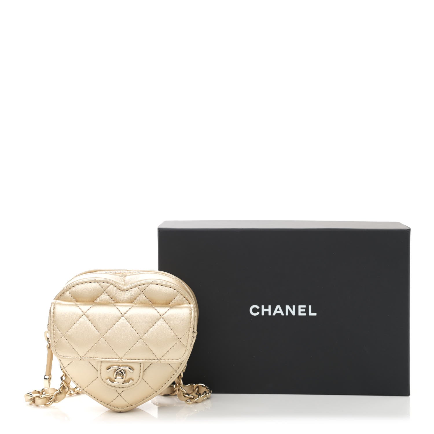 Chanel Metallic Lambskin Quilted CC In Love Heart Waist Belt Bag With Chain Gold 10 of 10