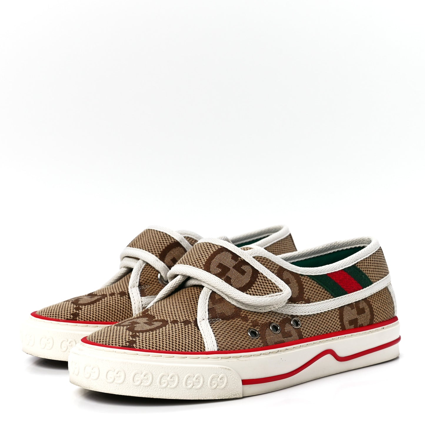 Monogram Jumbo GG Web Womens 1977 Tennis Velcro Strap Sneakers 35 Camel Ebony Mystic White