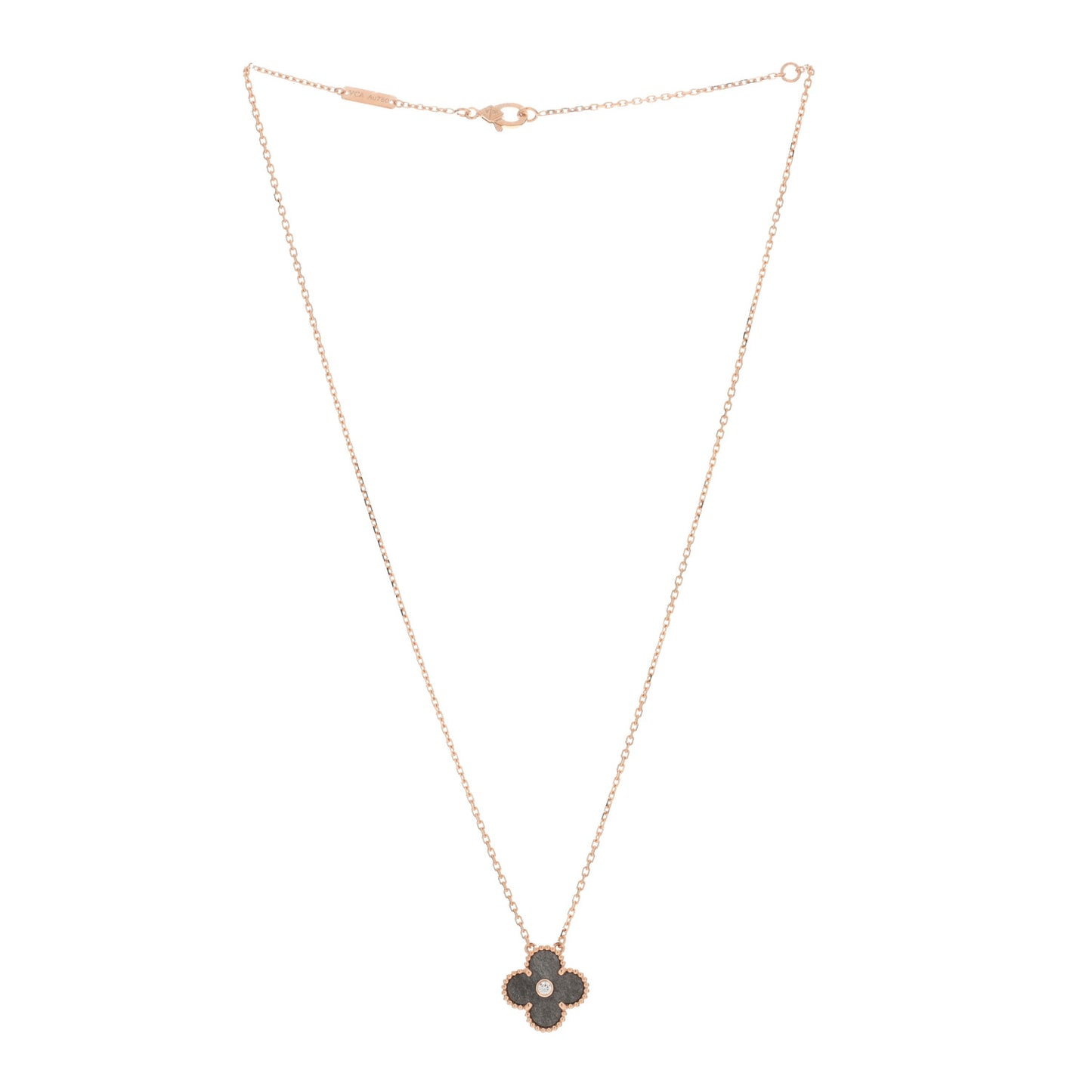 18K Rose Gold Diamond Silver Obsidian Vintage Alhambra Pendant Necklace