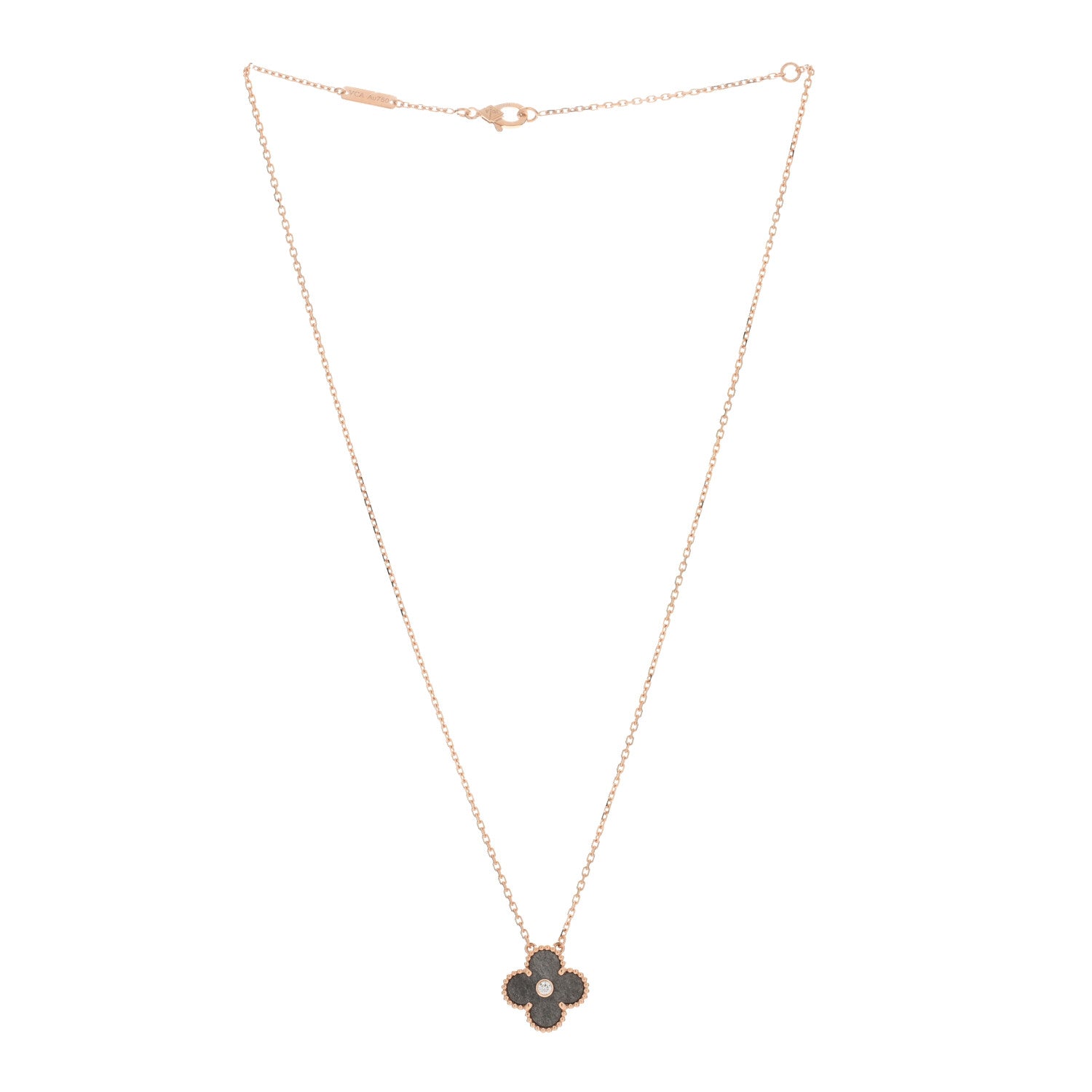 Van Cleef & Arpels 18K Rose Gold Diamond Silver Obsidian Vintage Alhambra Pendant Necklace 2 of 4