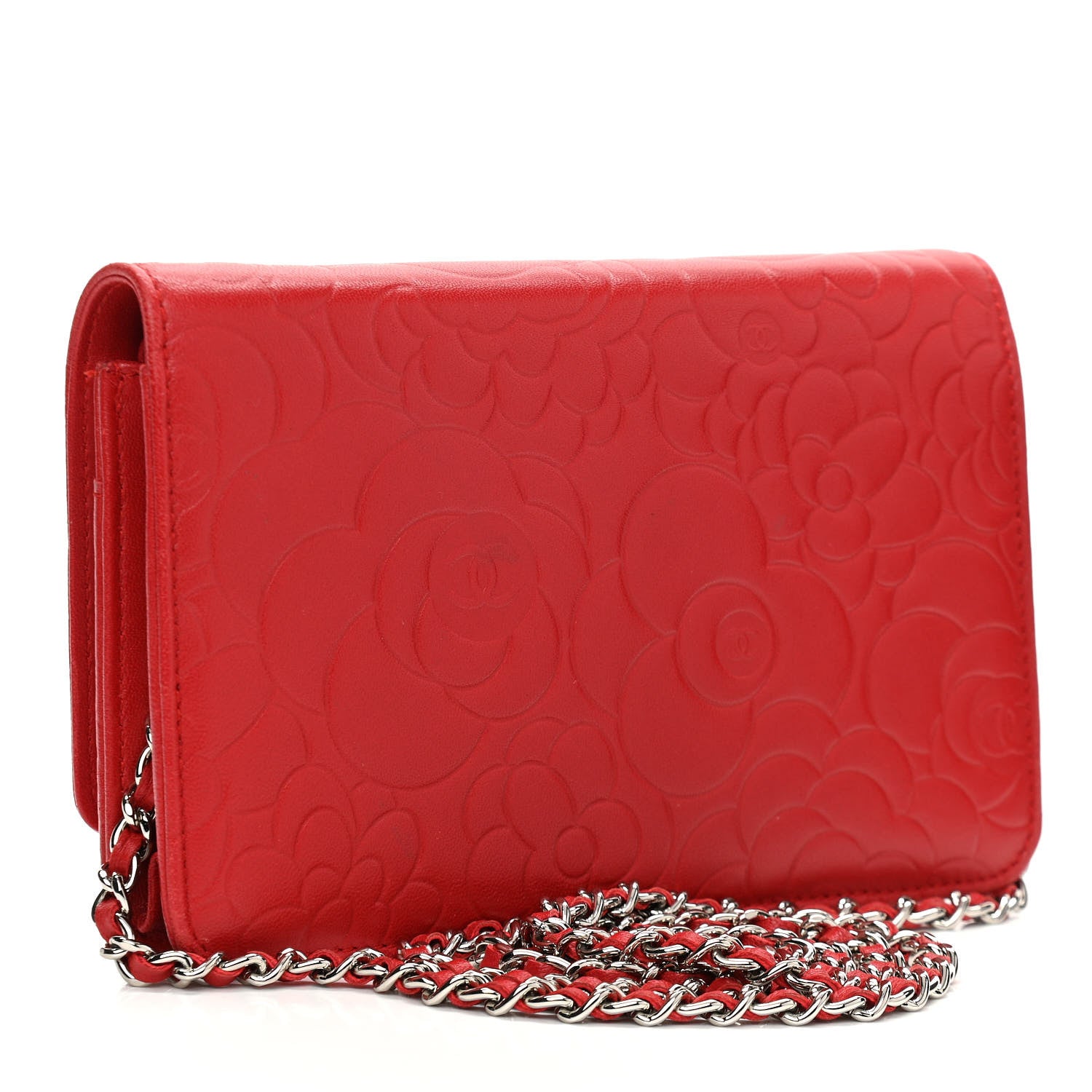 Chanel Lambskin Camellia Embossed Wallet On Chain WOC Red 3 of 17