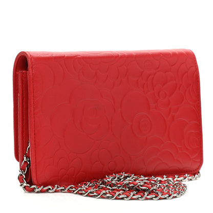 Chanel Lambskin Camellia Embossed Wallet On Chain WOC Red 3 of 17